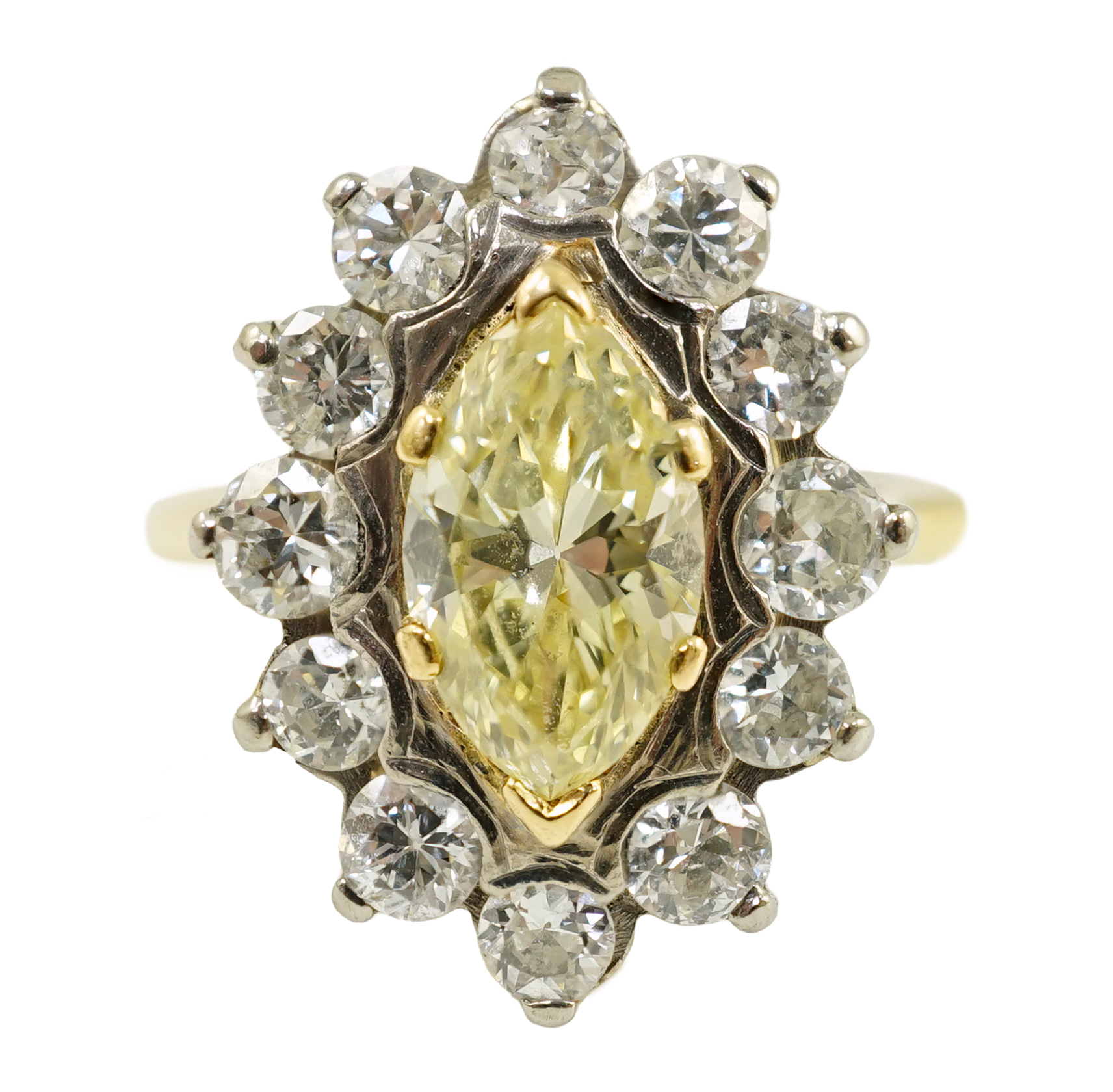 An 18ct gold and single stone fancy yellow diamond set marquise shaped cluster ring with round brilliant cut diamond set border